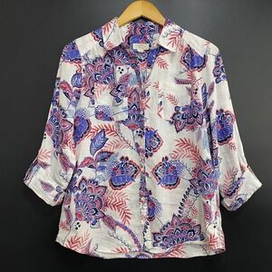 Charter Club Luxury Shirt Womens Small White Blue Pink Linen Floral Button Up